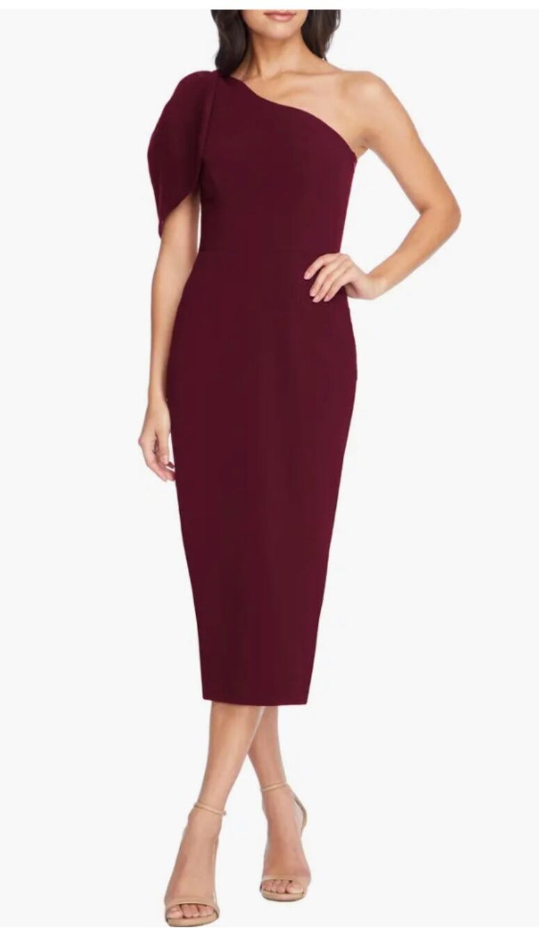 Dress the Population Tiffany One Shoulder Midi Dress Burgundy Size Large Bow